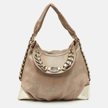 Pre Owned Versace Metallic Beige/Gold Leather Chain Link Flap Hobo