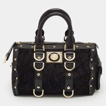 Pre Owned حقيبة فيرساتشي سناب أوت أوف إت جلد وقماش بنقوش شعار سوداء/ذهبية مع دبابيس