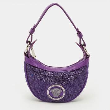 Pre Owned Versace Repeat Crystal Studded Mini Purple Satin Hobo