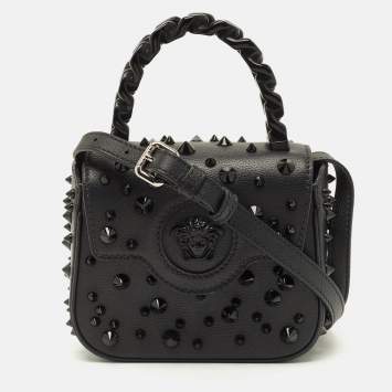 Pre Owned Versace Studded La Medusa Mini Black Leather Top Handle Bag