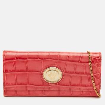 Pre Owned Versace La Medusa Medium Red Croc Embossed Leather Wallet On Chain