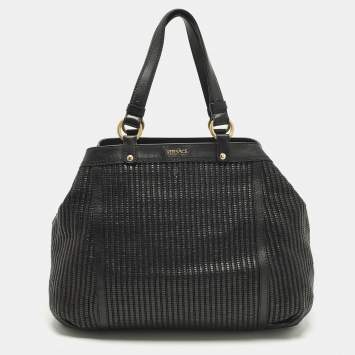 Pre Owned Versace Stripe Black Leather and Raffia Trim Tote