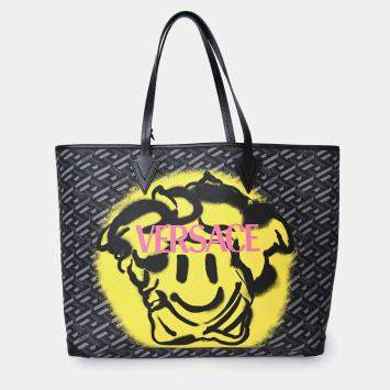 Pre Owned Versace Grey La Greca Canvas Smiley Medusa Tote Bag with Pouch
