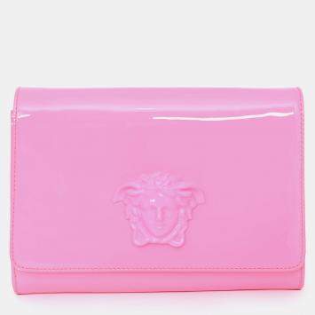 Pre Owned Versace Hot Pink Patent Leather Medusa Clutch with Chain