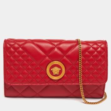 Pre Owned Versace Medusa La Medusa Red Quilted Leather Chain Clutch