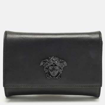 Pre Owned حقيبة كلتش قلاب فيرساتشي ميدوسا جلد أسود