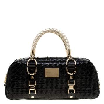 Pre Owned Versace Black Woven Patent Leather Snap Out Of It Satchel
