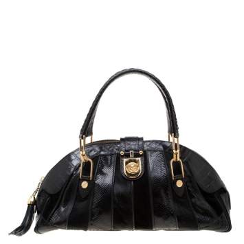 Pre Owned Versace Black Croc, Snakeskin, Calfhair and Suede Tassel Satchel