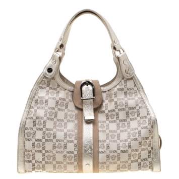 مملوكة مسبقًا Versace Beige Metallic Canvas, Leather and Suede Trim Satchel