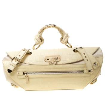 Pre Owned Versace Cream Croc Embossed Leather and Suede Medium Canyon Bag