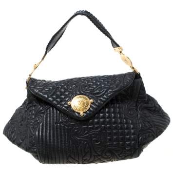 Pre Owned Versace Black Quilted Barocco Leather Top Handle Bag