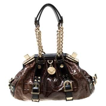 Pre Owned Versace Brown/Black Croc Embossed Patent Leather Madonna Boston Bag
