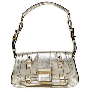 Pre Owned Versace Gold Metallic Leather Buckle Flap Shoulder Bag