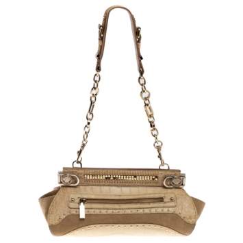Pre Owned Versace Cream Crocodile Embossed Leather Studded Frame Shoulder Bag