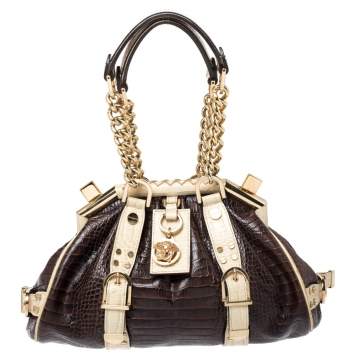 Pre Owned Versace Brown/Cream Croc Embossed Leather Madonna Boston Bag
