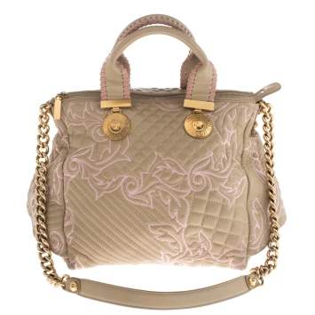 Pre Owned Versace Beige/Pink Quilted Leather Vanitas Satchel