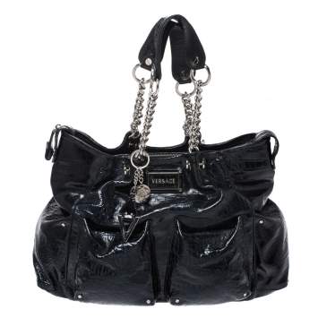 Pre Owned Versace Midnight Blue Croc Patent Leather Chain Tote