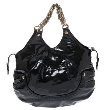 Pre Owned Versace Black Stitches Patent Leather Chain Shoulder Bag