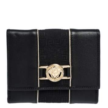 Pre Owned Versace Black Canvas and Leather Compact Wallet