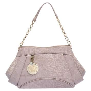 Pre Owned Versace Old Rose Croc Embossed Leather Shoulder Bag