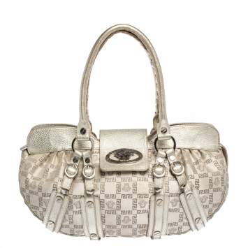 Pre Owned Versace Gold Signature Canvas and Leather Medussa Buckle Satchel