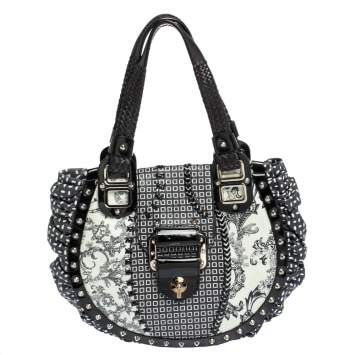 Pre Owned Versace Black/Green Printed Leather Studded Ruffle Hobo