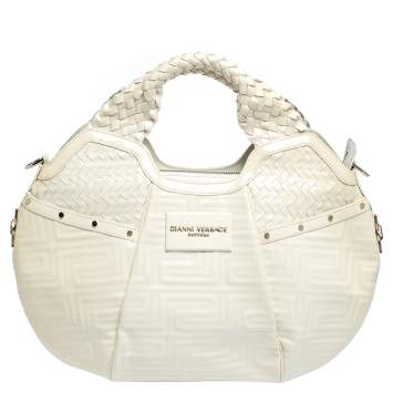Pre Owned Versace Ivory Quilted and Woven Patent Leather Hobo