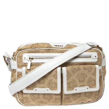 Pre Owned Versace White/Beige Medusa Print Fabric and Leather Double Pocket Expandable Shoulder Bag