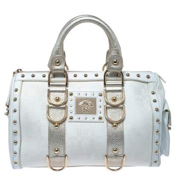 Pre Owned Versace White/Gold Signature Fabric and Leather Snap Out Of It Satchel