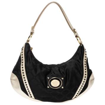 Pre Owned Versace Black/Gold Nylon and Leather Studded Hobo