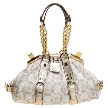Pre Owned Versace Beige/Metallic Canvas and Leather Madonna Boston Bag