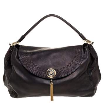 Pre Owned Versace Metallic Black Barocco Leather Altea Hobo