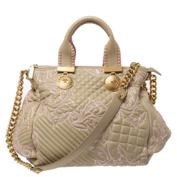 Pre Owned Versace Beige/Pink Quilted Leather Vanitas Satchel