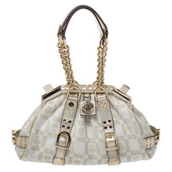 Pre Owned Versace Gold/White Signature Fabric and Leather Frame Satchel