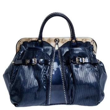 Pre Owned Versace Blue Striped Patent Leather Studded Frame Satchel 