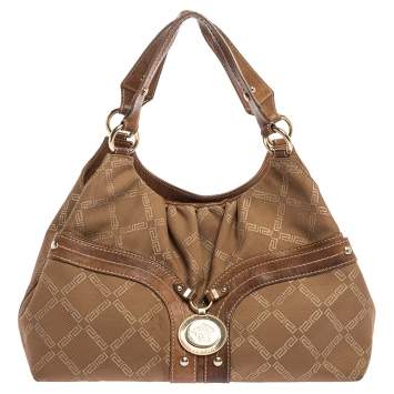 Pre Owned Versace Brown Signature Canvas and Leather Palazzo Plaque Shoulder Bag
