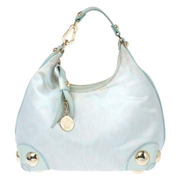 Pre Owned Versace Light Turquoise Signature Canvas and Leather Small Studded Hobo 