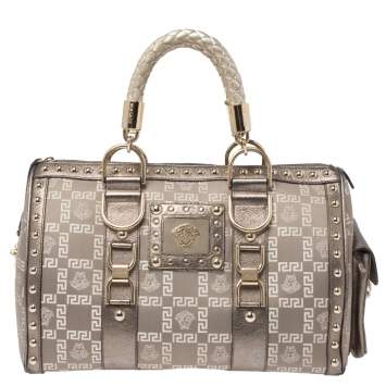 Pre Owned Versace Beige/Metallic Fabric and Leather Snap Out Of It Satchel