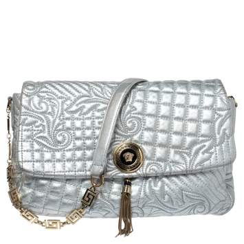 Pre Owned Versace Metallic Silver Barocco Leather Vanitas Medea Shoulder Bag