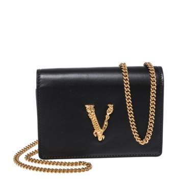 Pre Owned Versace Black Leather Mini Virtus Chain Wallet