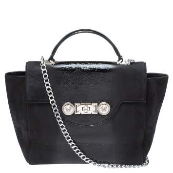 Pre Owned Versace Black Nubuck and Patent Leather Medusa Turnlock Tote