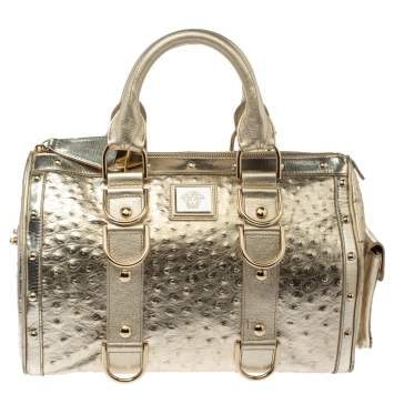 Pre Owned Versace Gold Ostrich Embossed Leather Snap Out Of It Satchel
