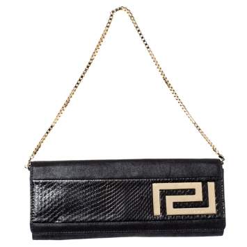 Pre Owned Versace Black Nubuck And Snakeskin Logo Flap Chain Clutch