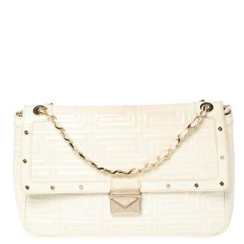 Pre Owned Gianni Versace White Quilted Patent Leather Flap Shoulder Bag