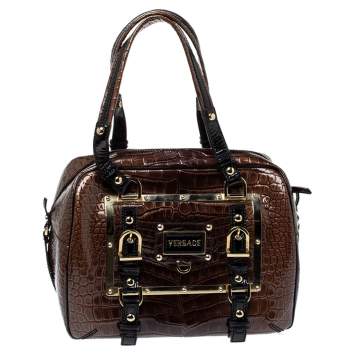 Pre Owned Versace Brown/Black Croc Embossed Patent Leather Satchel