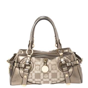 Pre Owned Versace Metallic Grey Jacquard Fabric and Leather Medusa Bag