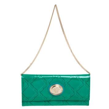 Pre Owned Versace Green Patent Leather Wallet On Chain