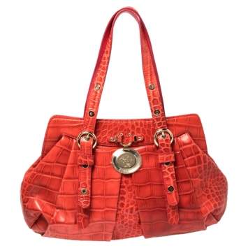 Pre Owned Versace Red Croc Embossed Leather Satchel