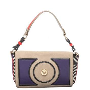Pre Owned  Versace Multicolor Printed Leather, Velvet and Suede Palazzo Flap Shoulder Bag
