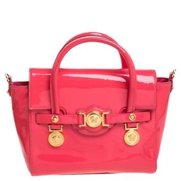 Pre Owned Versace Neon Pink Patent Leather Medusa Medallion Tote